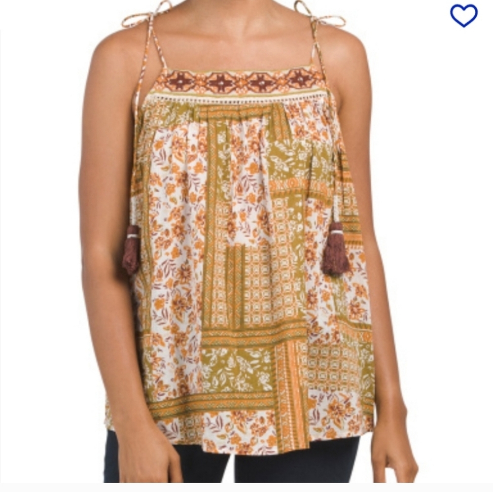 Artelier Nicole Miller Tie At Shoulder Printed Flowy Tank With Tassels Size M